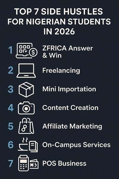 Infographic Top 7 side hustles for Nigerian students in 2026 — ZFRICA Answer & Win leads with daily quiz cash rewards by 5 PM WAT