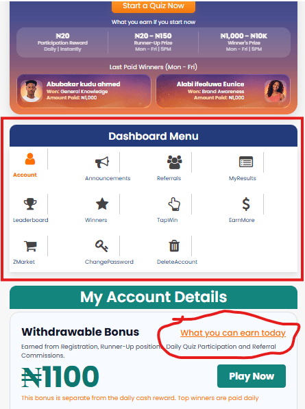 Zfrica Answer and Win Dashboard