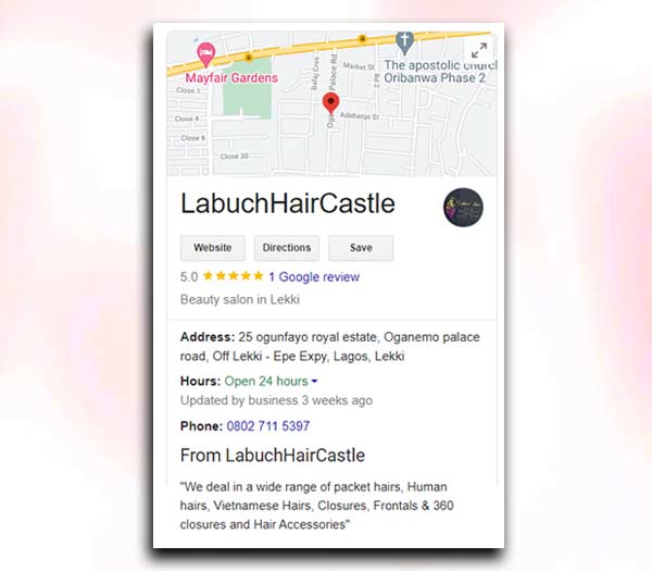 google map page for labuch hair by zfrica