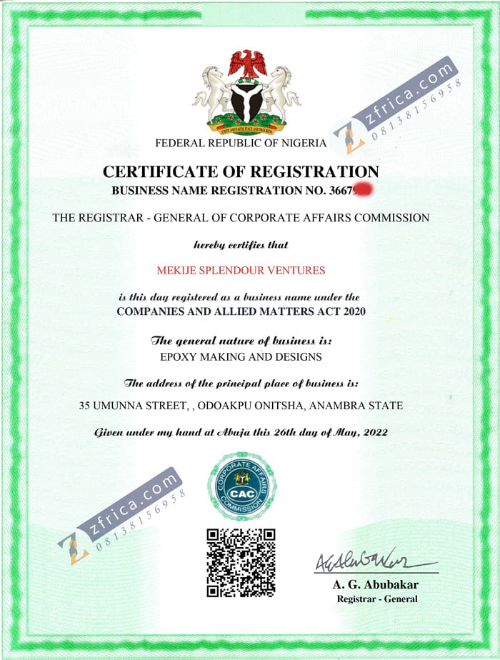 Business name certificate sample