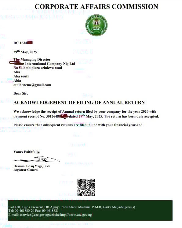 CAC annual returns ackwoledgement letter